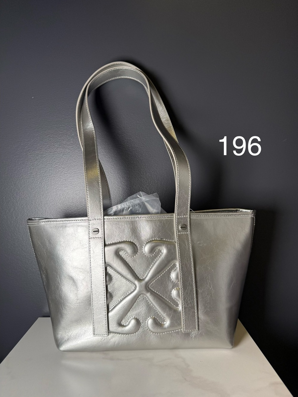 Off-White Metallic Silver Leather Tote with Signature Emblem
